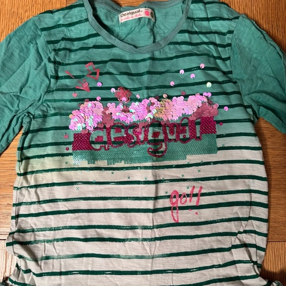 Desigual Girls Kids Dress Teal Green Striped Tulle Skirt Sparkles Long Sleeve